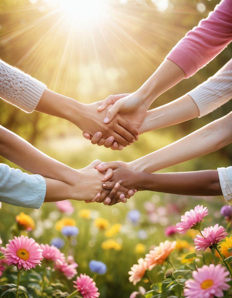 A diverse group of people, including cancer survivors and supporters, holding hands in a circle, surrounded by vibrant nature and flowers symbolizing hope. In the background, a soft sunlight breaking through clouds illustrates positivity and resilience. Include uplifting elements like hearts and ribbons, representing unity and strength. pastel colors. soft focus. 