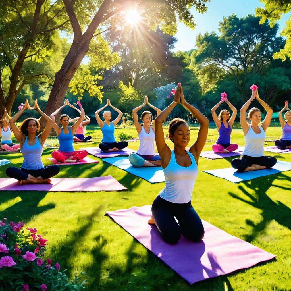 A serene scene of a diverse group of people practicing yoga in a sunlit park, surrounded by lush greenery and colorful flowers, symbolizing health and community. Include elements of cancer awareness, such as ribbons and supportive messages in the background. Soft sunlight casting a warm glow on happy faces, creating an atmosphere of hope and resilience. painting. vibrant colors. natural setting.