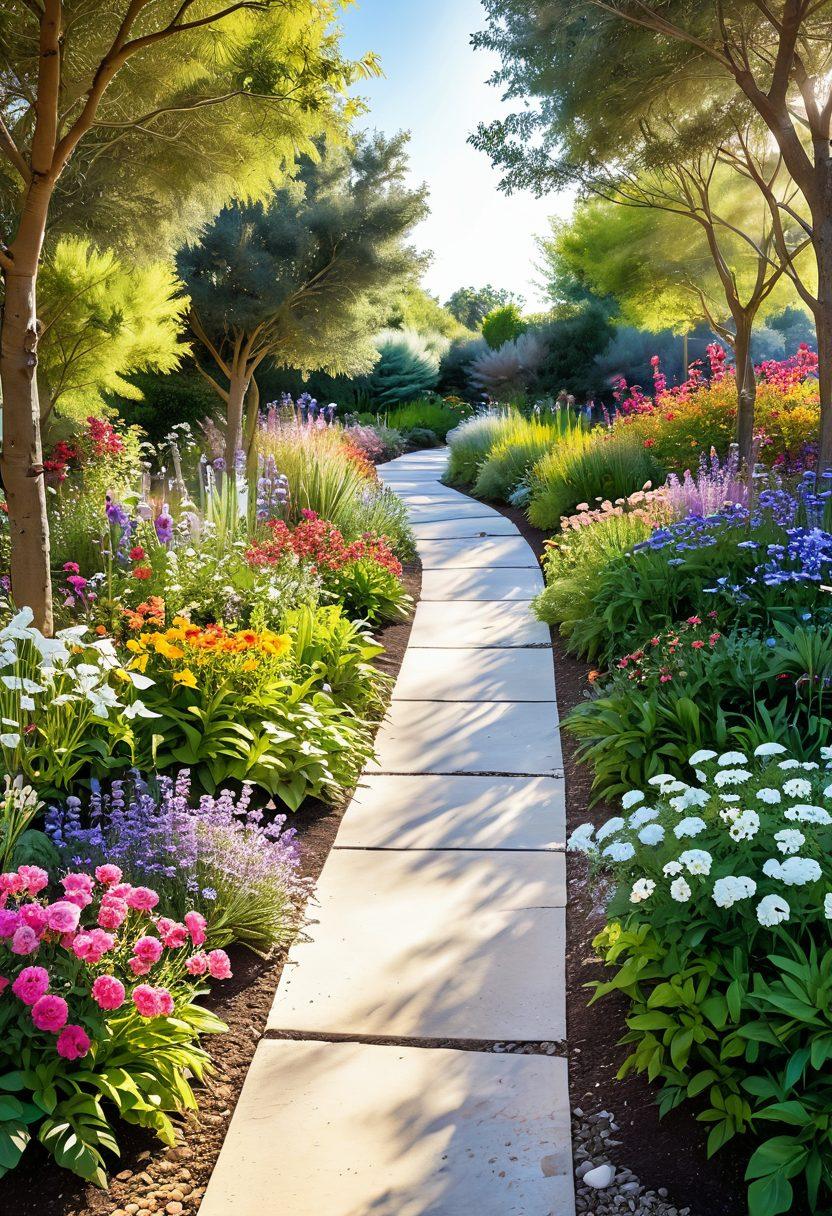 A serene path winding through a healing garden, featuring diverse individuals of varying ages and backgrounds interacting with each other, sharing knowledge and support. Include symbols of wellness such as flowers representing hope, a bright sun symbolizing positivity, and soft, inviting colors. The atmosphere conveys empowerment and community resilience in the face of cancer. vibrant colors. super-realistic. peaceful background.